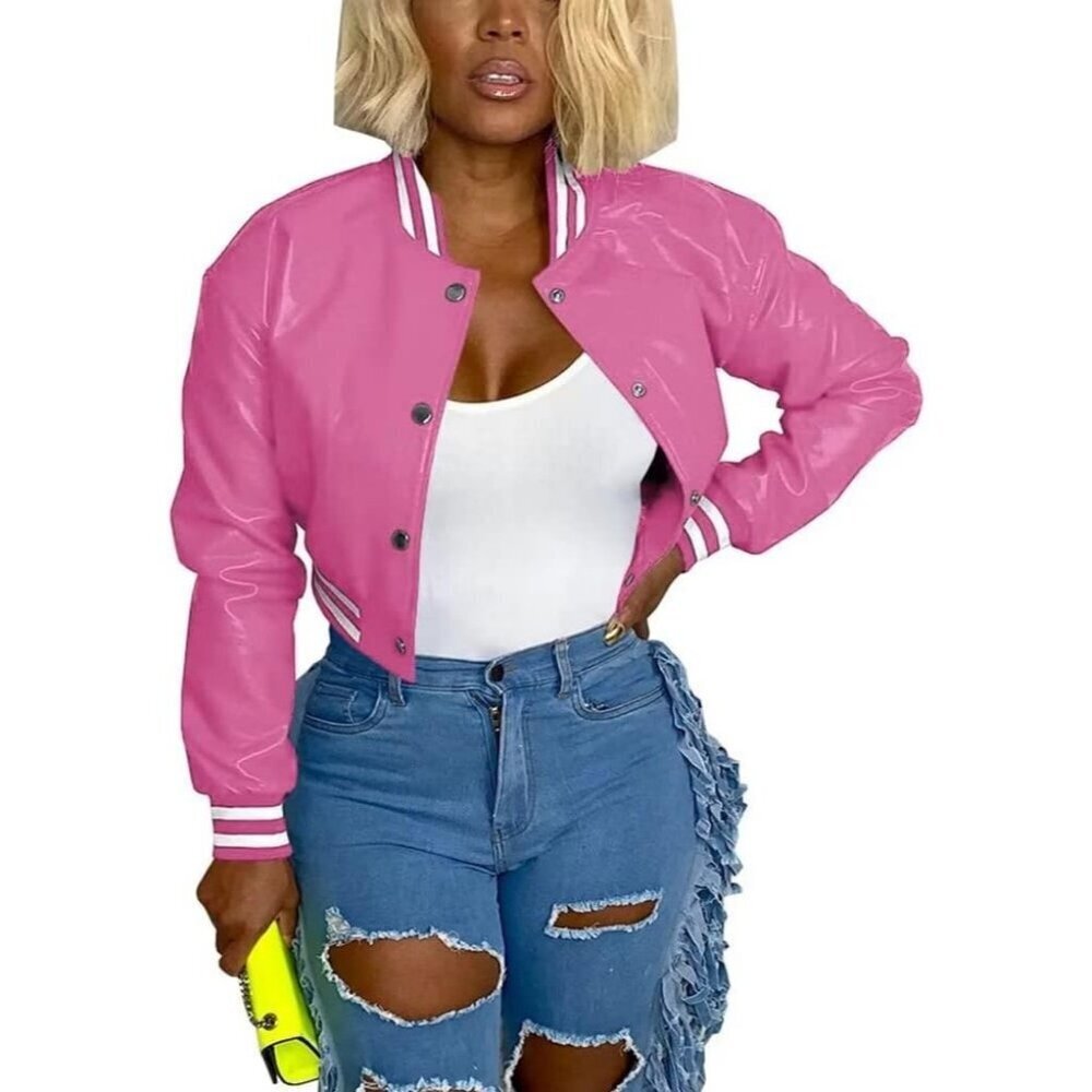 Women's Varsity Jacket Long Sleeve Button Down Bomber Jacket Streetwear Rose Red